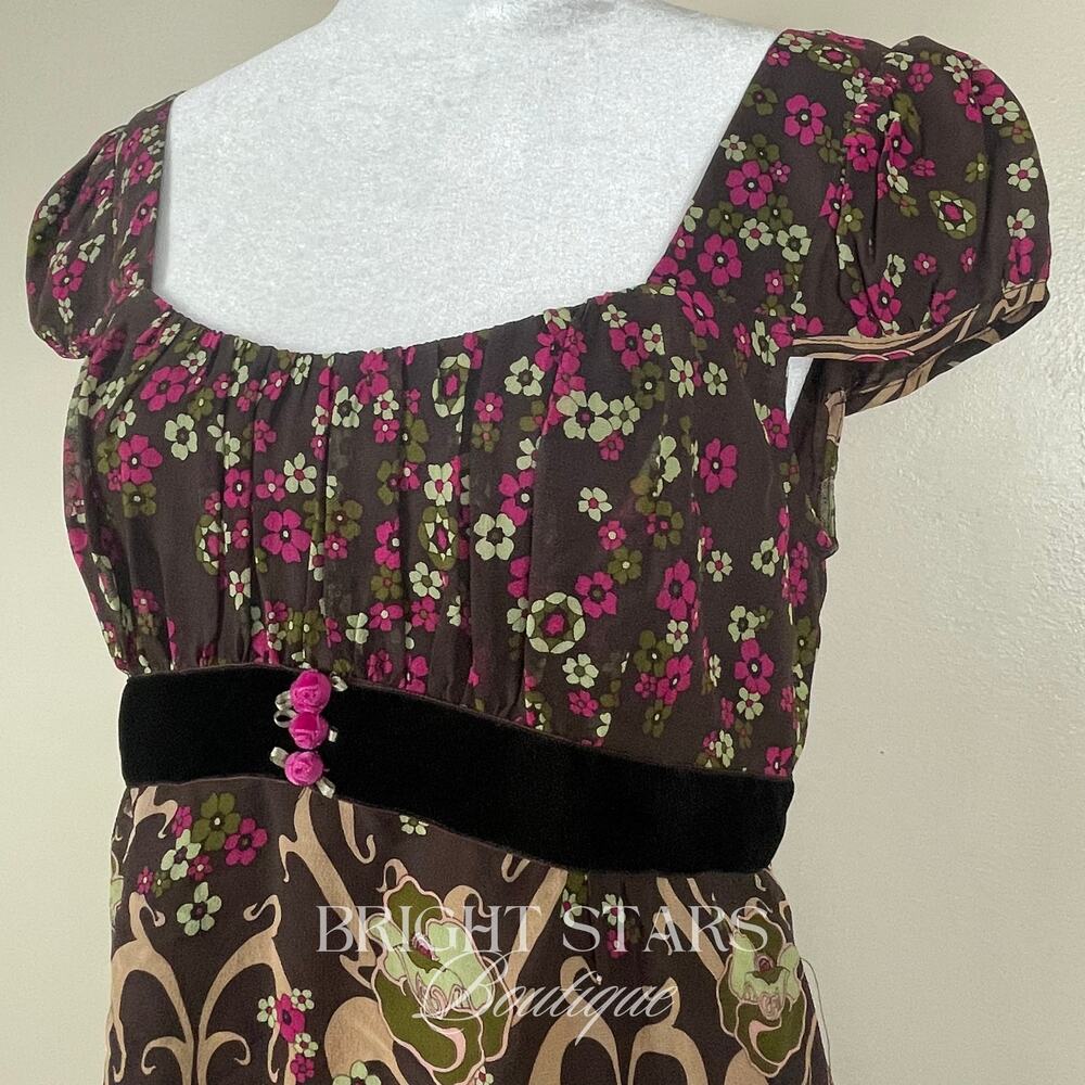 Rare Vintage Silk Floral Top ASO Rory Gilmore Girls Brown Pink Blouse Cap Sleeve - Picture 9 of 11